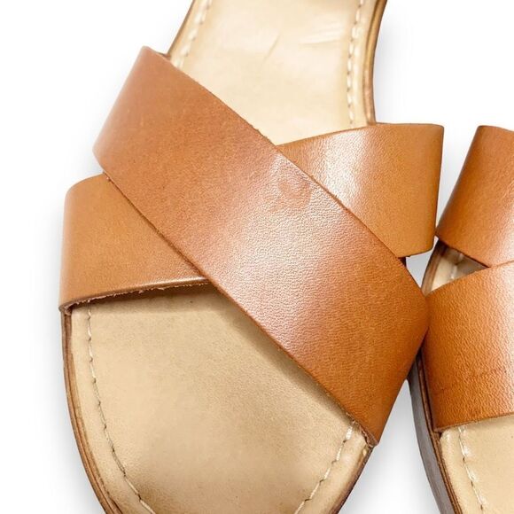 Mariella Women’s Leather Ankle Strap Wooden Wedge Cross Straps Tan Sandal Sz 10M - Picture 8 of 9